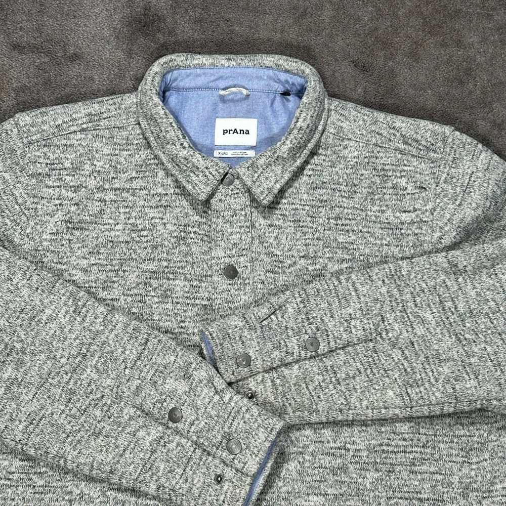prAna Shirt Jacket Mens XL Gray Marled Polartec Fleece Lined Snap Front Shacket